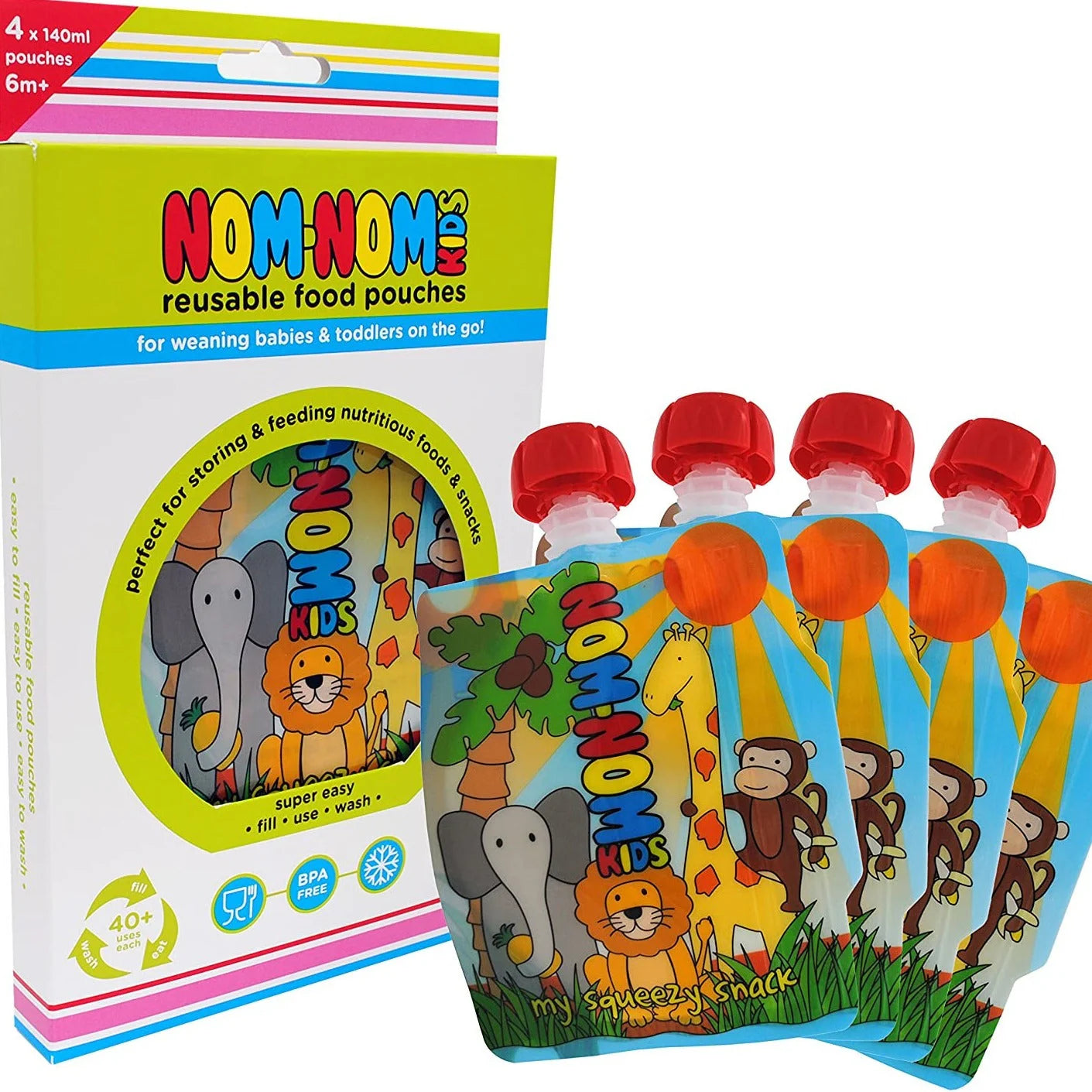 Nom Nom Kids Reusable Food Pouches ANIMAL 140ml x 4